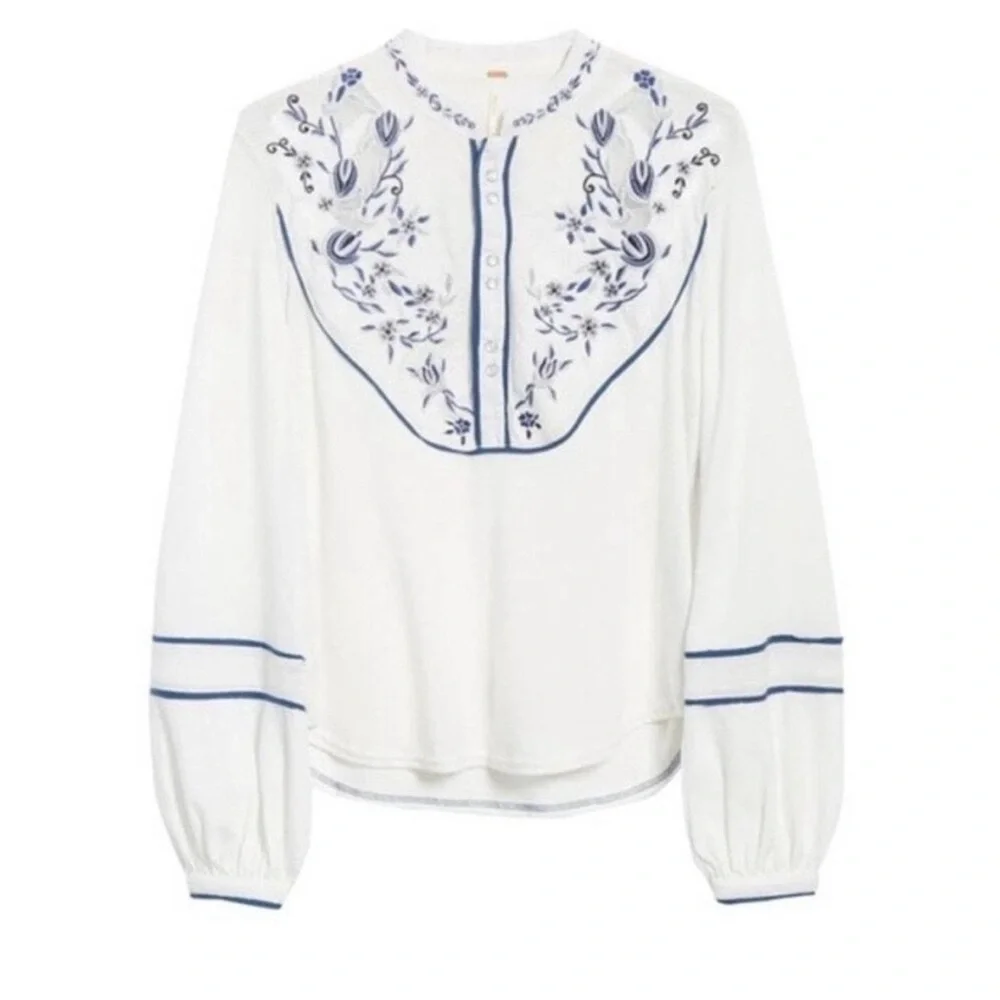 Free People Sundance Kid Western Ivory Blue Embroidered Henley Top Women Small